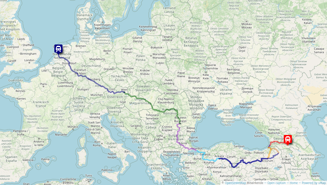 Map showing the route from Amsterdam to Tbilisi