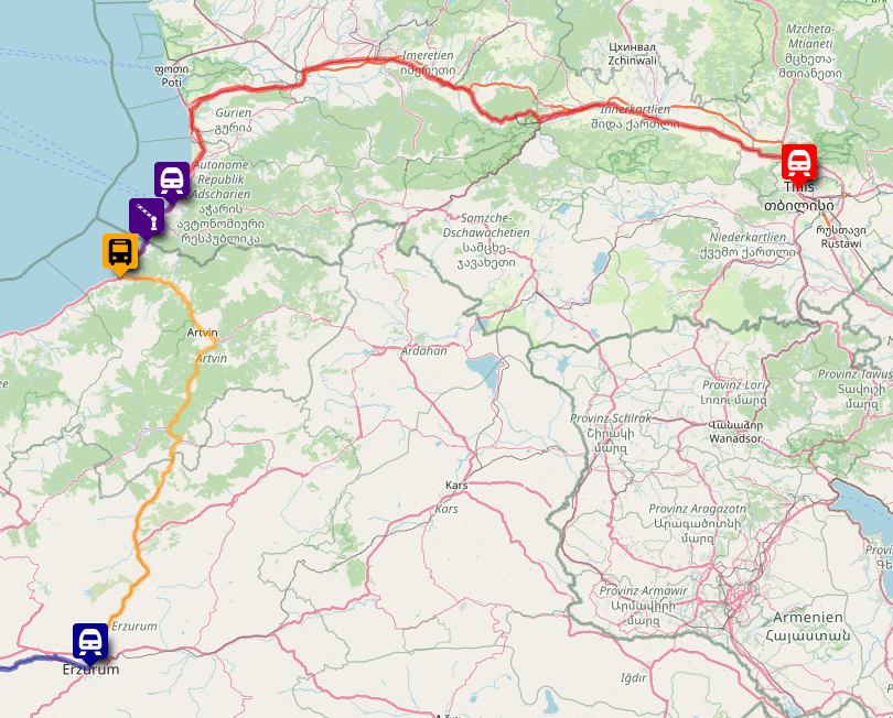 The journey on a map from Erzurum via Hopa and Batumi to Tbilisi